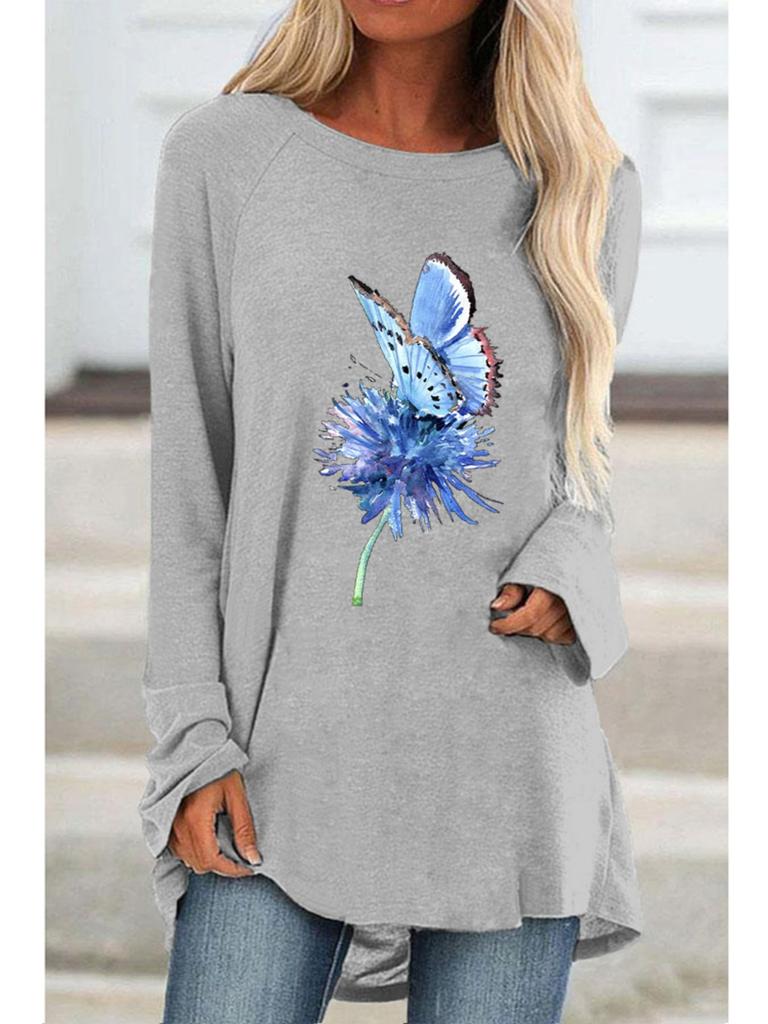 Übergröße Damen Frühling Blumenmuster Bequemes Langarm Rundhals T-Shirt Lässiges Weites Mittellanges T-Shirt Oberteile