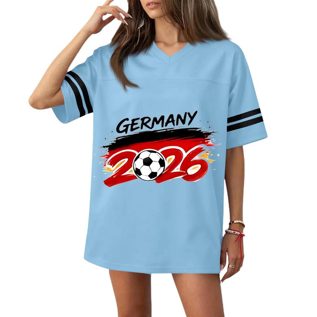 Women’s Casual V Neck Football Jersey Style Short Sleeve Top with Germany 2026 Soccer Flag Print Loose Fit Sports T Shirt