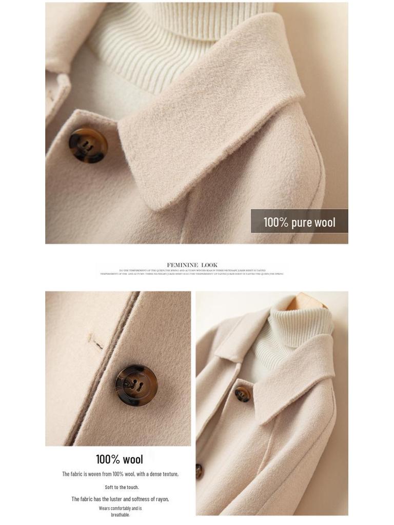 Dámský kašmírový kabát střední délky oboustranný na podzim/zimu - Petite, Čistě ručně šitý, Celovlněný, Zesílený design