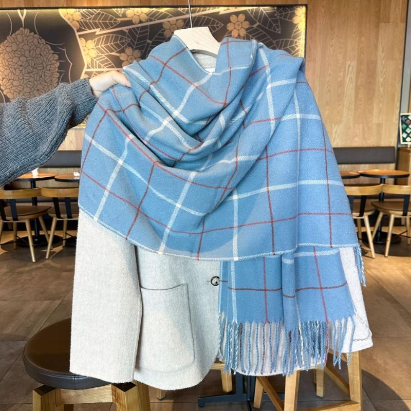 Autumn and Winter Retro Student Leisure Field Grid Scarf Women's Warm Soft Waxy Thickened Line Square Fringed Scarf