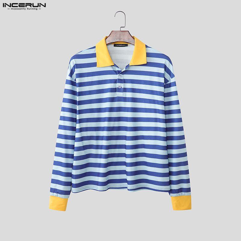 INCERUN Men Lapel Neck Long Sleeve Stitching Striped Casual Oversized T-shirts Tops