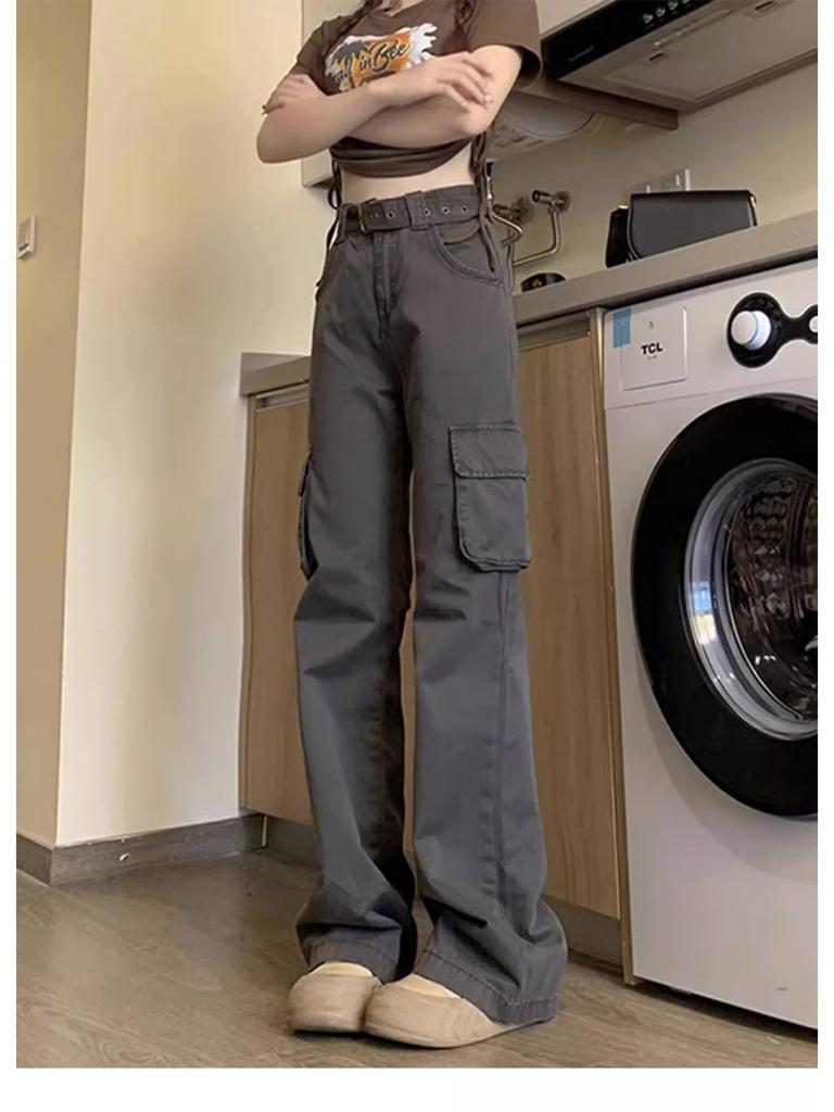 2025 Women's High-Waisted Flared Cargo Pants: Micro-Flare, Slimming, Multi-Pocket, Floor-Length, Casual Autumn Design.