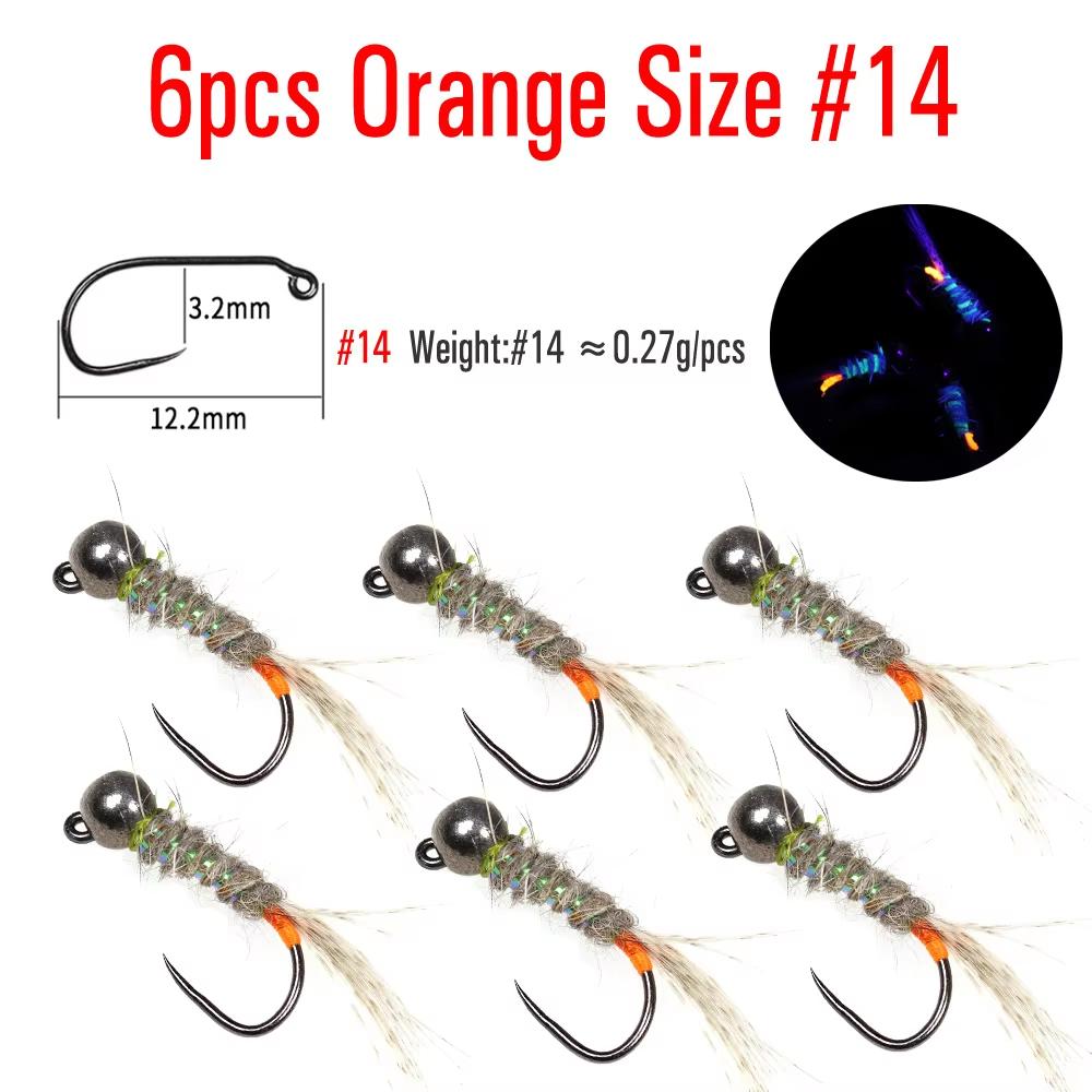 Bimoo 6pcs Black Tungsten Head Fluorescent Orange Pink Green Jig Fly Euro Nymph Perdigon Nymphs Fast Sinking Trout Fishing Lure