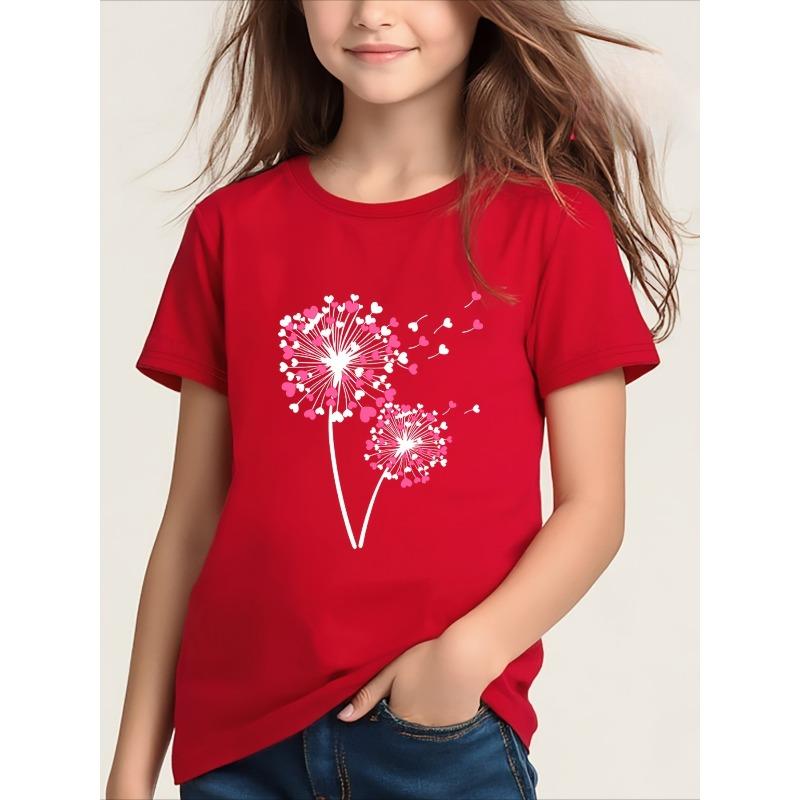 European sizes Love Dandelion" Letter/cartoon Print, Girls' Short-sleeve T-shirt, Cool and Breathable for Spring/summer Wear