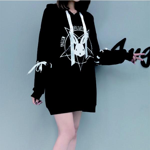 Harajuku Pentagram Lace Embossed Women's Polar Hoodies Punk Gothic Cute Bunny Oversize Hooded Velvet Sweatshirt Jersey Streetwear