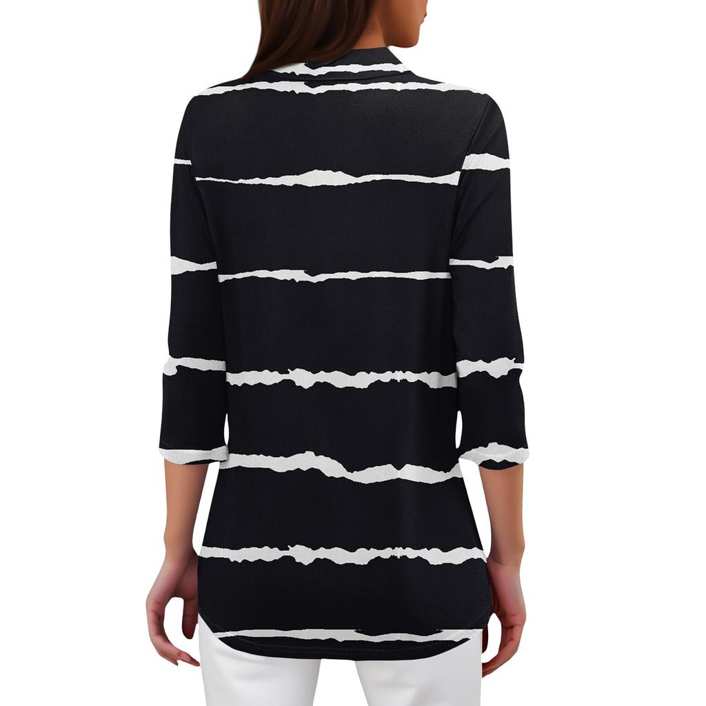 Women's Fashionable Casual Lapel T-Shirt With Striped Patchwork Print Seven Quarter Sleeve Top