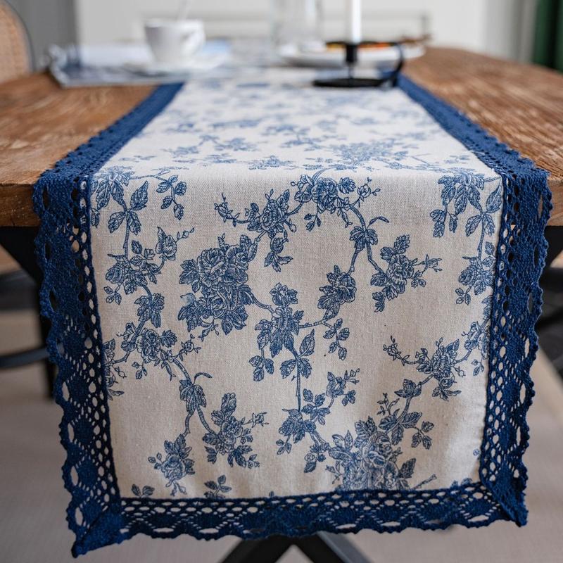 Table Runner Printing Garden Navy Blue Rose Flowers Table Tea Flag Dinner Flag Long Strip Holiday Party Table Decoration