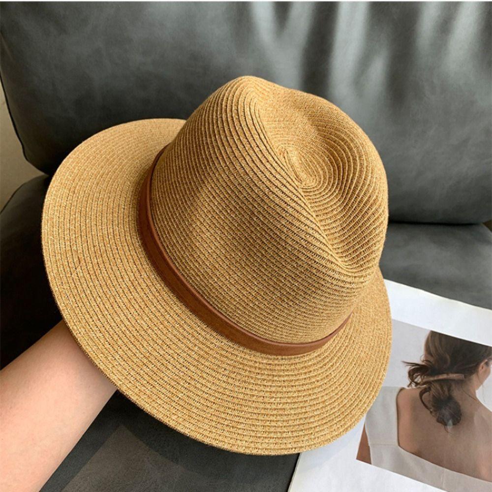 Casual Straw Woven Hat Uv Protection Breathable Beach Panama Hat Wide Brim Soft Fedora Sun Hat