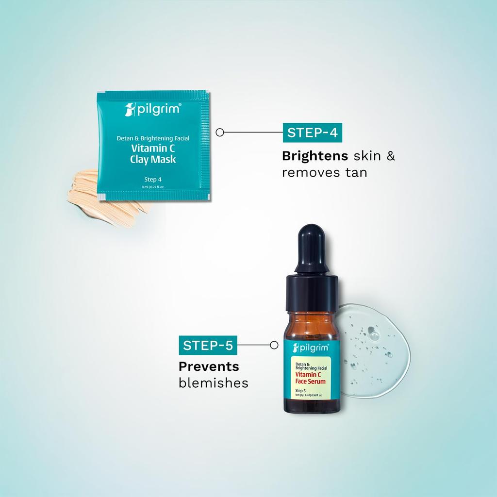 Pilgrim Vitamin C Detan & Brightening Facial Kit with Kakadu Plum for Glowing Skin 5ml Serum