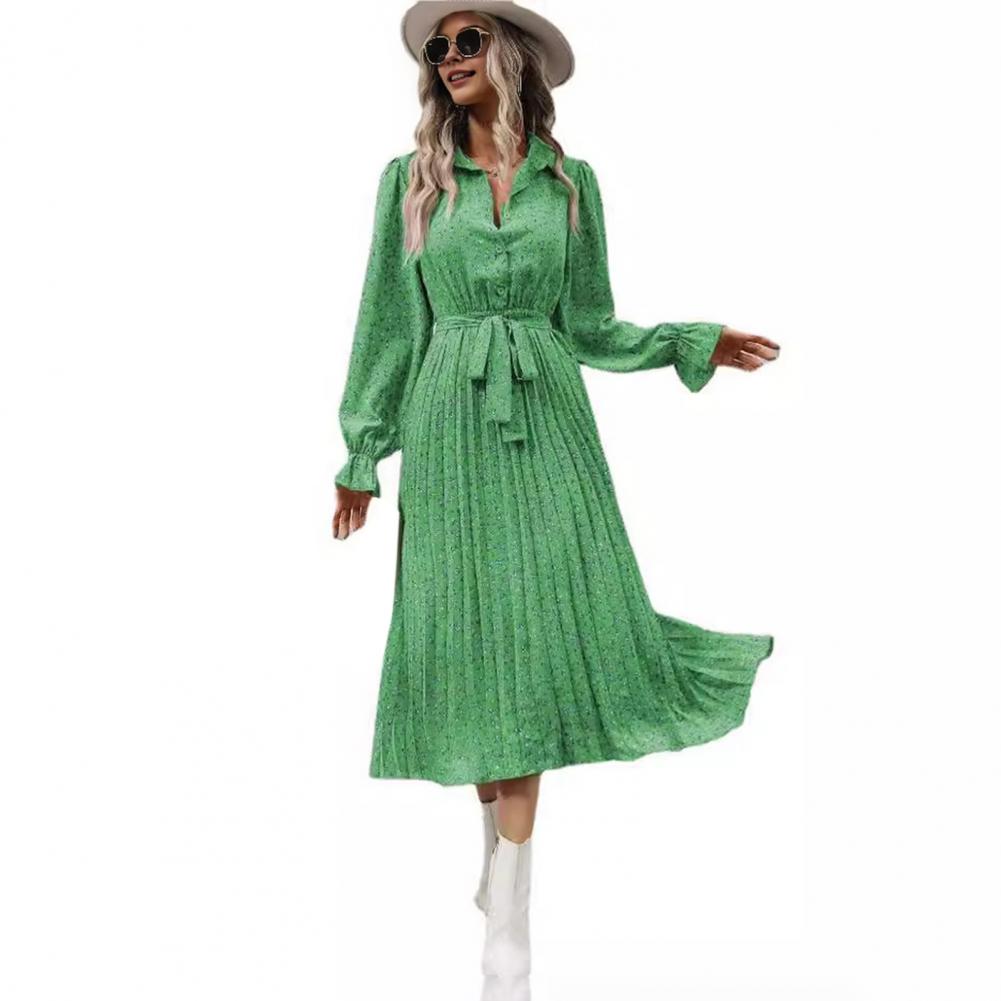 Podzim Jaro Dámské šaty Límec s klopami Výstřih do V Dlouhý rukáv Áčková sukně Velký rozmach Poloviční jednořadé Šněrování v pase Sklady Květinové