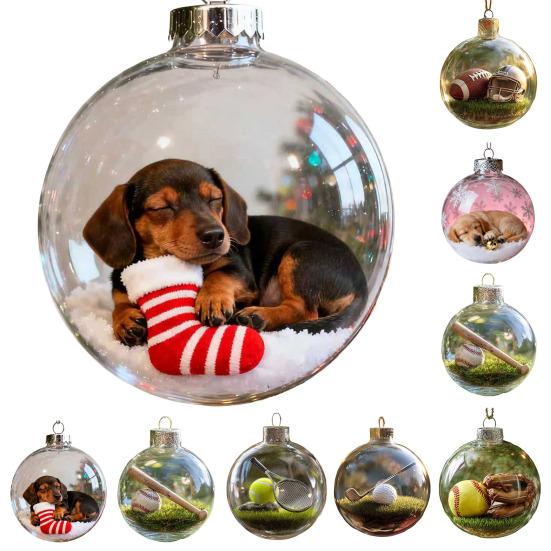 3D Animal Christmas Ball Decoration Dachshund/Tennis/Baseball/Golf Clear Plastic Xmas Ball Ornament for Winter Xmas