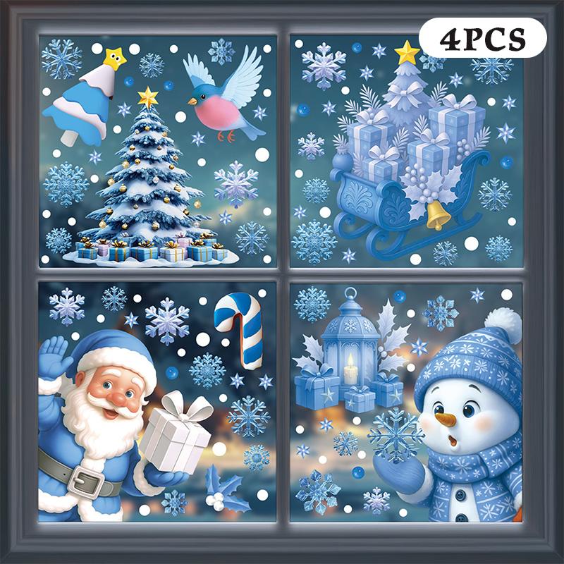 Blaue Weihnachtsfensteraufkleber - Statisches Aufkleberset mit Glocken, Rentieren, Weihnachtsmann, Schneeflocken & Schneemann für Weihnachtsfeierdekoration
