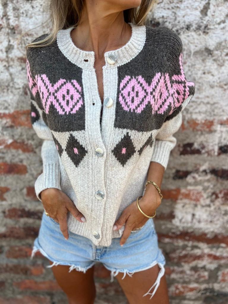 Women's Pink V-Neck Knit Cardigan with Jacquard Floral Pattern