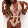 Women Sexy One Piece Swimwear Crystal Pattern Cut High Mesh Patchwork Swimsuit