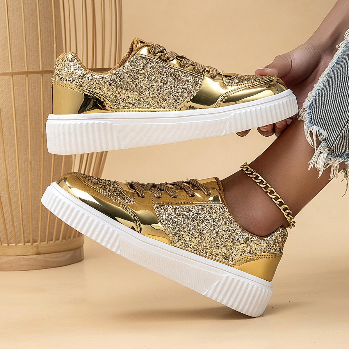 

MCTIN Original Gold Flats Sneakers Streetwear Glitter Platform Skateboard Shoes Women 42 золотой