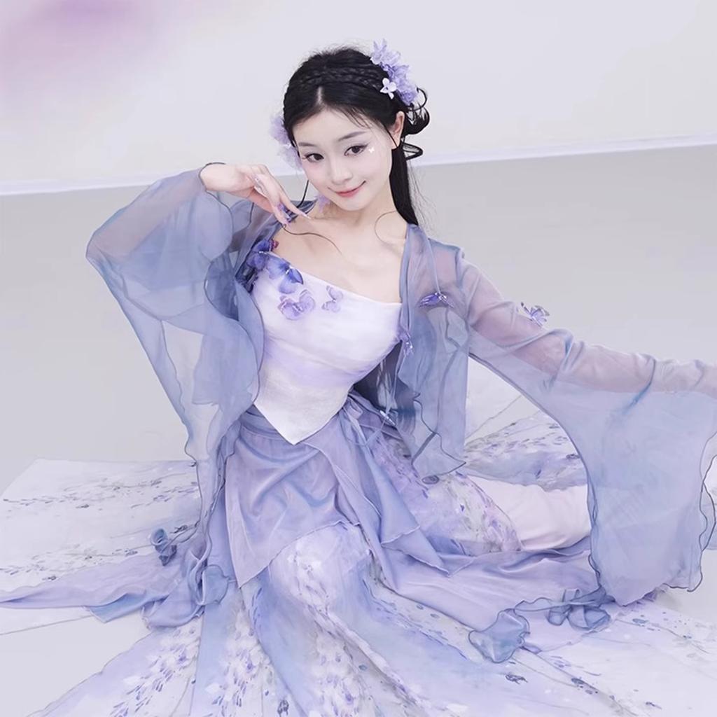 Conjunto de Disfraz de Danza Clásica de Hada Degradado para Mujer, Sobrepuesto Transparente con Mangas de Campana y Conjunto de Falda Fluida Para Actuación y Práctica