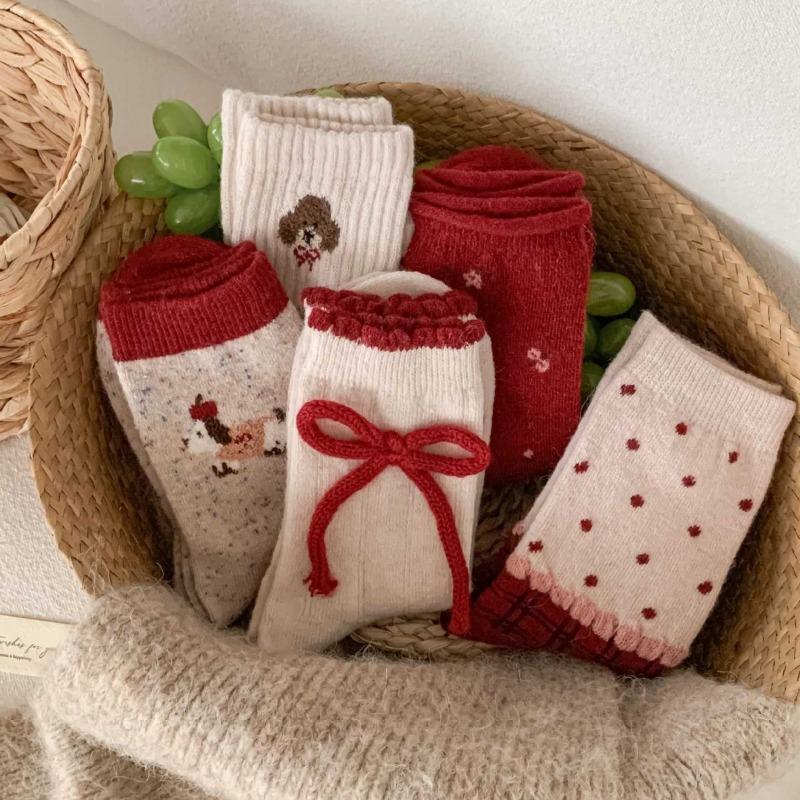 Female Autumn Winter Fashion New Year Christmas Bow Red Wool In Tube Socks