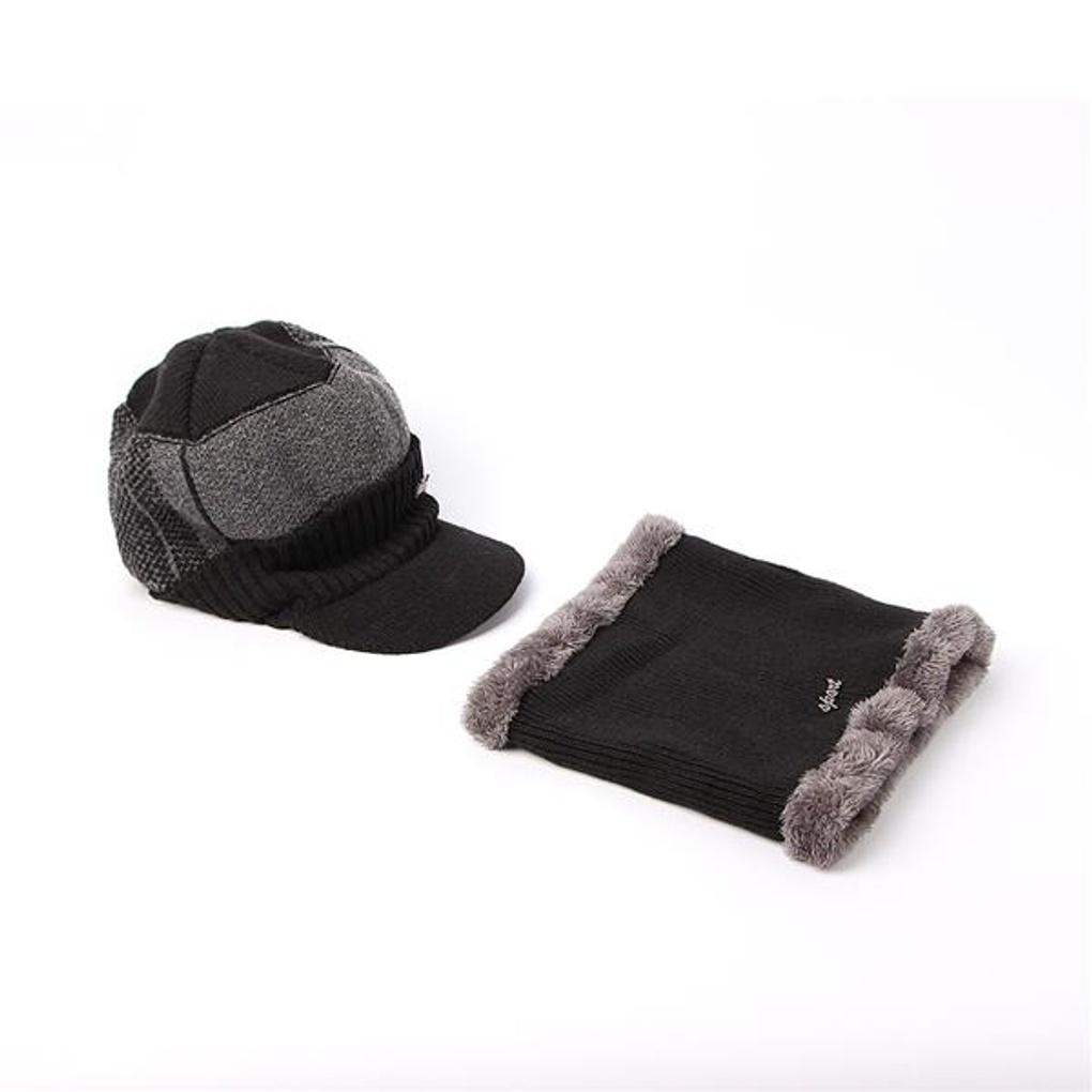 Neckwarmer Knit Brim Hat Set (Black)/Fur Hat Winter Hat