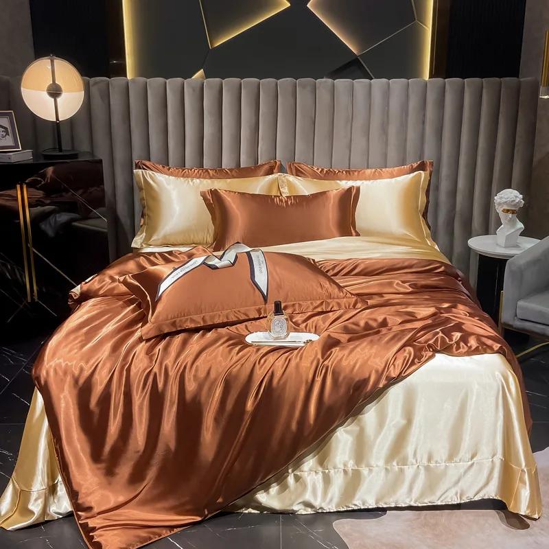 Conjunto de Roupa de Cama Nórdico 100% Seda com Capa de Edredom Lençol Fronha Luxo Casal Solteiro Casal Verão Liso Rainha Rei Lençol