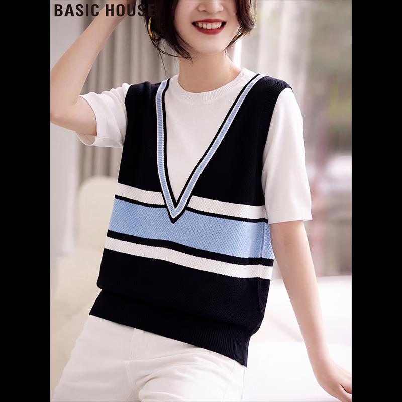 Basic House Women s Color Block Knit Short Sleeve T-Shirt XL