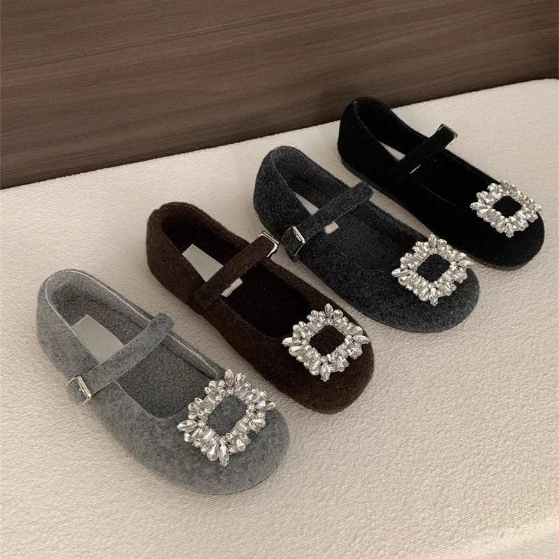 Flat bottom gray felt square head rhinestone single shoes 2025 autumn and winter velvet Mary Jane wool shoes