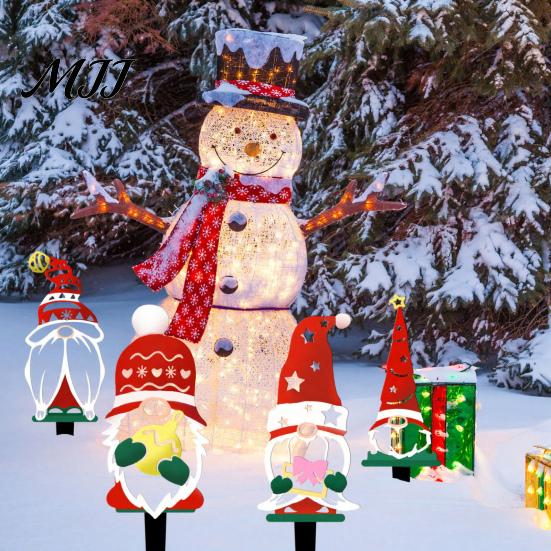 Christmas Landscape Accents 4Pcs Metal Gnome Garden Stakes, Outdoor Decorative Iron Yard Signs, Weather Dwarf Signs Resistant Sculptures