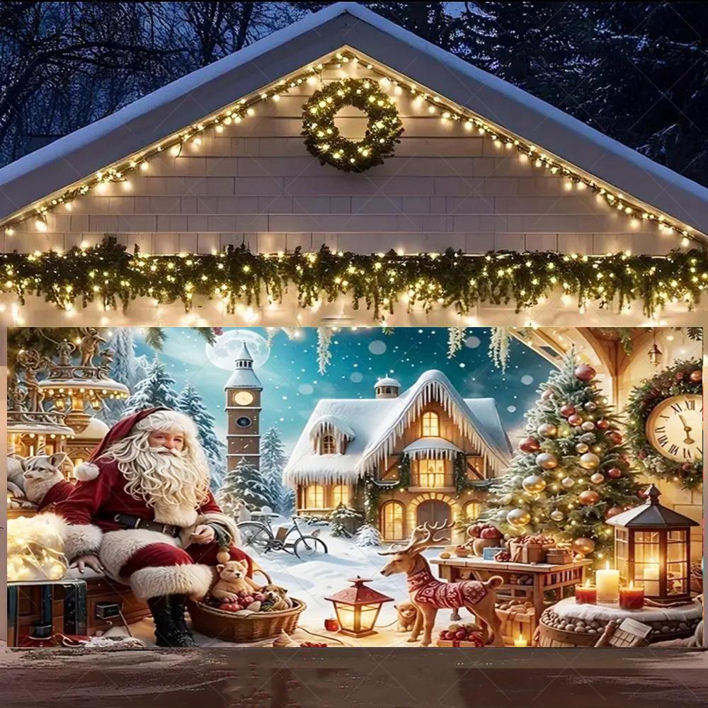 Merry Christmas Garage Door Background Banner Xmas Tree Gift Santa Claus Backdrop Winter Christmas Party Outdoor Wall Decoration