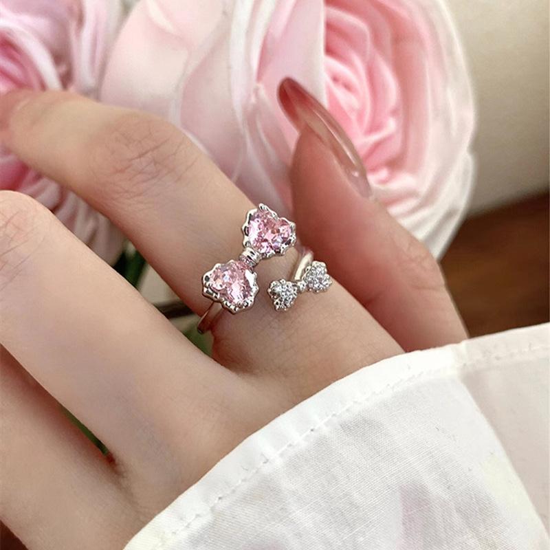 Y2K Rosa Kristall Schleife Zirkon Ringe für Damen Mode Süß Liebenswertes Mädchen Offen Verstellbarer Ring Kpop Party Schmuck Geschenk 2023