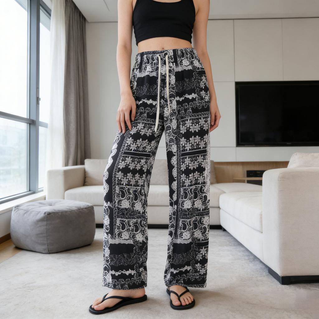Ice silk wide-leg pants women's summer thin new Chinese ink cool pants high-waisted casual pants trousers women's clothing