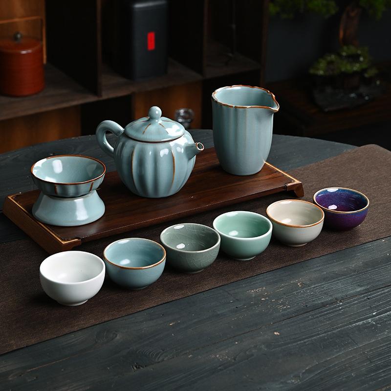 Five famous kiln tea set gift box ceramic kung fu souvenir business gift tea set high-end light luxury