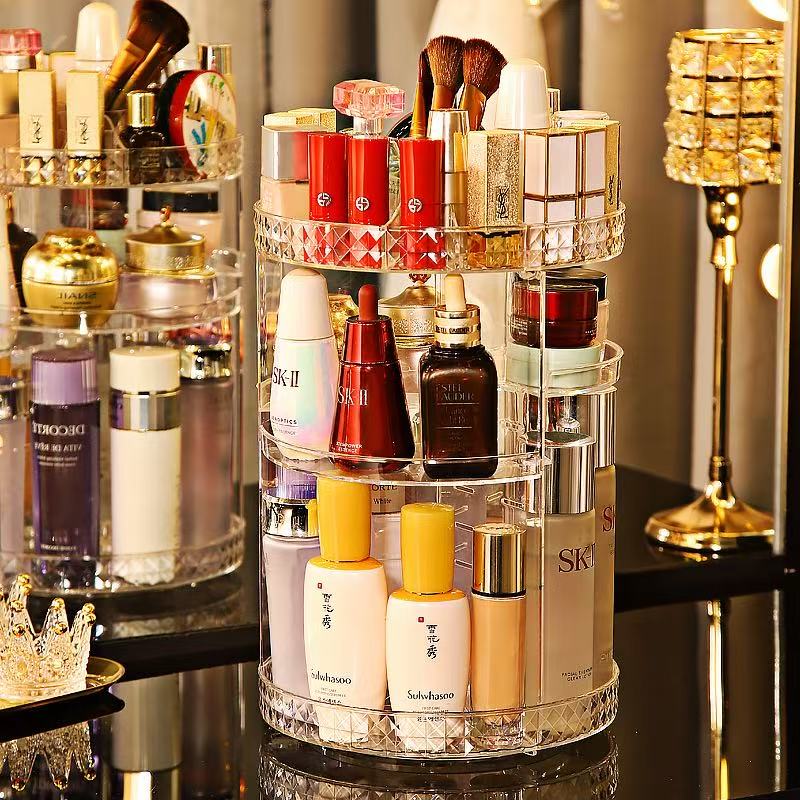 Makeup Organizer Cosmetic 360° Rotation Display Case With Brush Holder Perfume Tray Storage Bathroom Countertop Plastic
