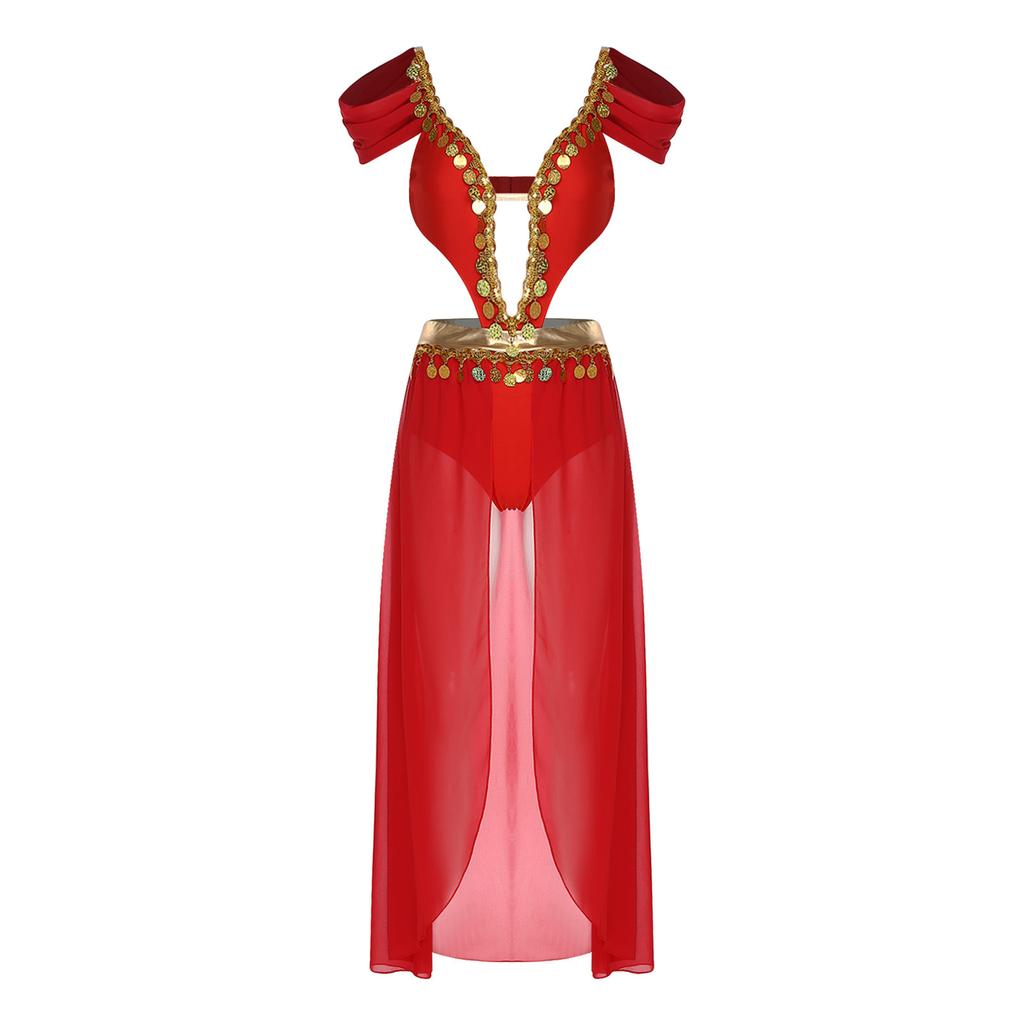 Ladies India Dance Costume S-3XL Sequin Tassel Bodysuit Dress V Neck Cutout Open Front Chiffon Hem with Built-in Shorts for Belly Dance