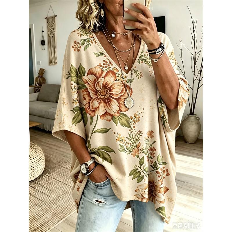 Printed Plus-Size Women's V-Neck Batwing Sleeve T-Shirt Bohemian Ethnic Print Loose Top Summer Comfortable Breathable Daily Commute Casual