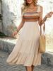 Women Casual Color Block Off Shoulder Embroidered Midi A Line Sleeveless Dress