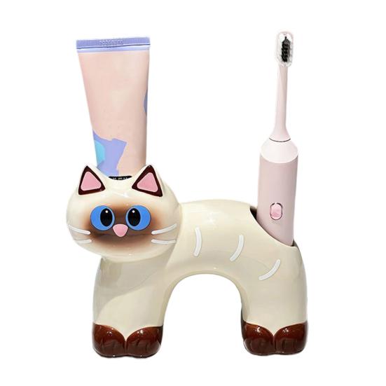 Toothbrush Holder, Cat Shape with Drain Port, Mold-Resistant Double-Hole Ceramic Organizer for Bathroom Accessory