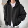 Men Sweatshirt Hooded Drawstring Long Sleeve Zipper Placket Sport Coat with Pockets Solid Color Loose Fit Casual Outwear