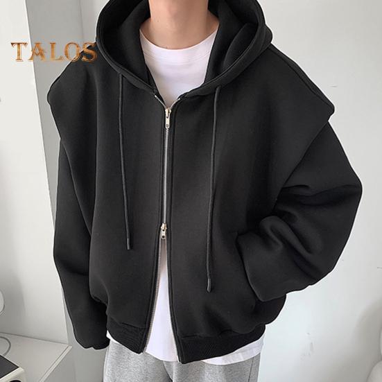 Men Sweatshirt Hooded Drawstring Long Sleeve Zipper Placket Sport Coat with Pockets Solid Color Loose Fit Casual Outwear