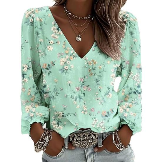 Yousheng Women Tops Retro Floral Print Puff Long Sleeve Shirt V-neck Loose Fit Casual Blouse Breathable Daily Wear