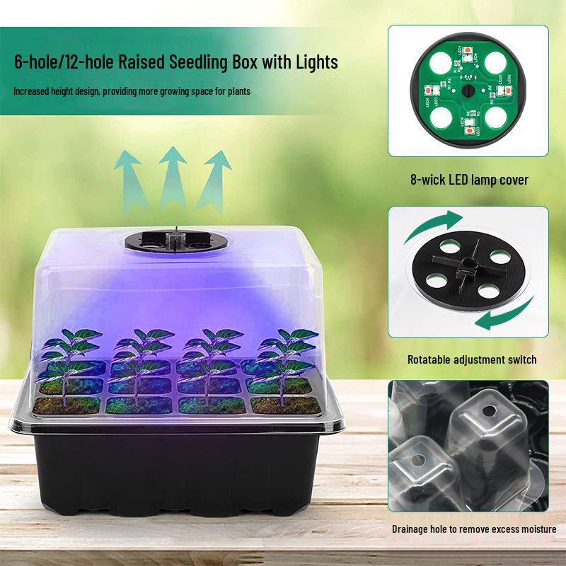 6/12-Hole LED Seedling Box: Adjustable, Breathable, Heat-Insulating, Large Capacity Sowing & Cuttings Tray.