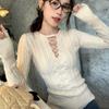 Red Sexy Hollowed-Out Long-Sleeve Knitted Sweater - Women's Retro Waist-Cinching Autumn/Winter Top