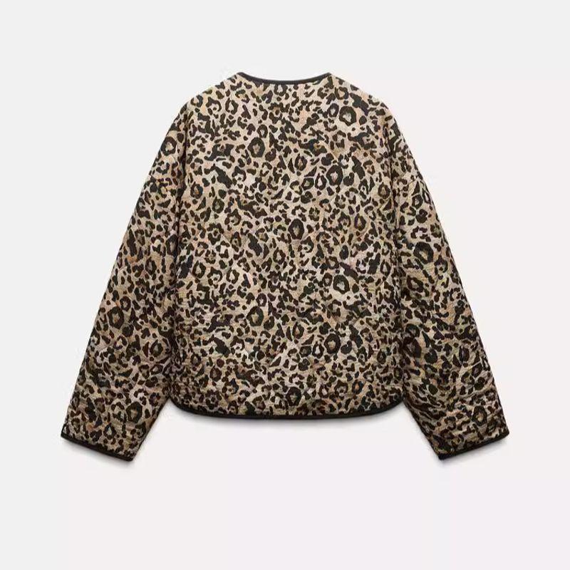 Autumn and Winter New Women clothes Light and Versatile Leopard Print Animal Print round Neck Cotton-padded jacket Jacket 8110488
