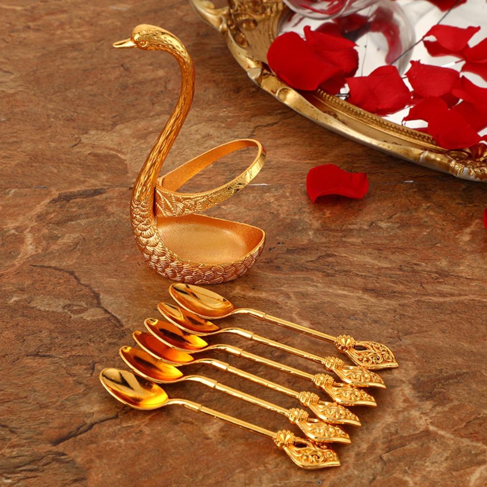 Stainless Steel Creative Dinnerware Set Decorative Swan Base Holder With 6 Spoons For Coffee Tea Cake Dessert Kitchen Supplies