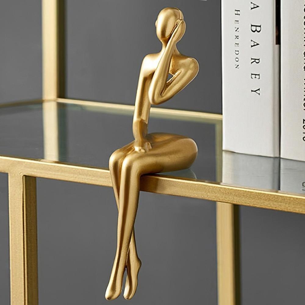 Resin Human Body Art Ornament Abstract Design Thinking Reading Man Figure Statue Golden Finish Desktop Ornament Office Supplies