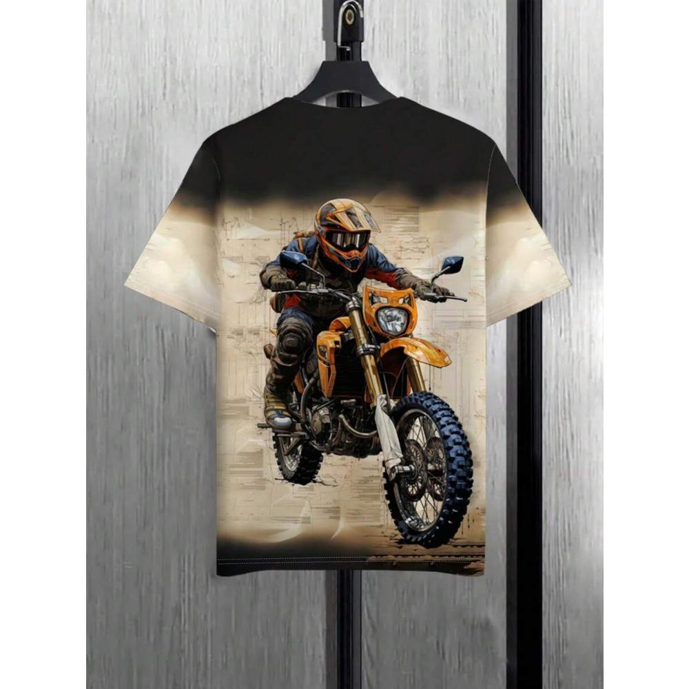 1pc Men's Stylish Motorcycle 3D Print T-Shirt - Casual Short Sleeve, Perfect For Summer Outdoor, Motorcycling, Fashion