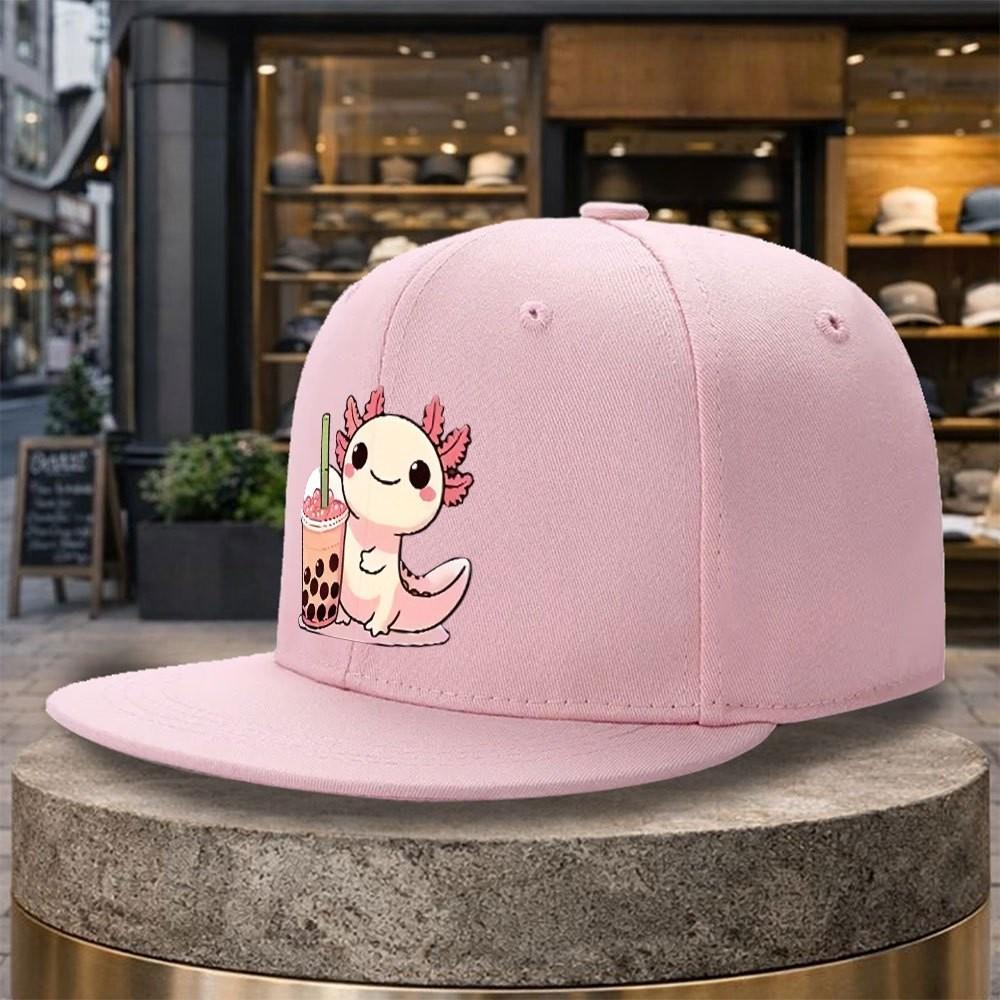 Cute Axolotl Boba Tea Kawaii Snapback Baseball Cap Adjustable Flat Brim Hat One Size
