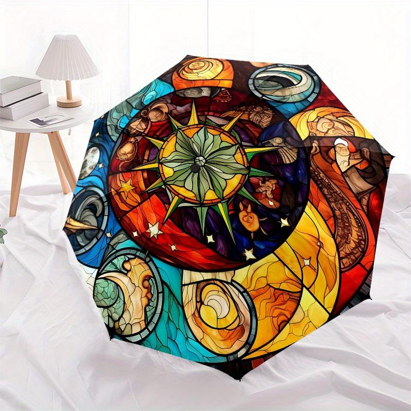 Stained Glass Celestial Window Panel: Vibrant Astronomical Design Umbrella, Cute Umbrella with Cute Design, Portable 3-Fold Compact Umbrella for Men &