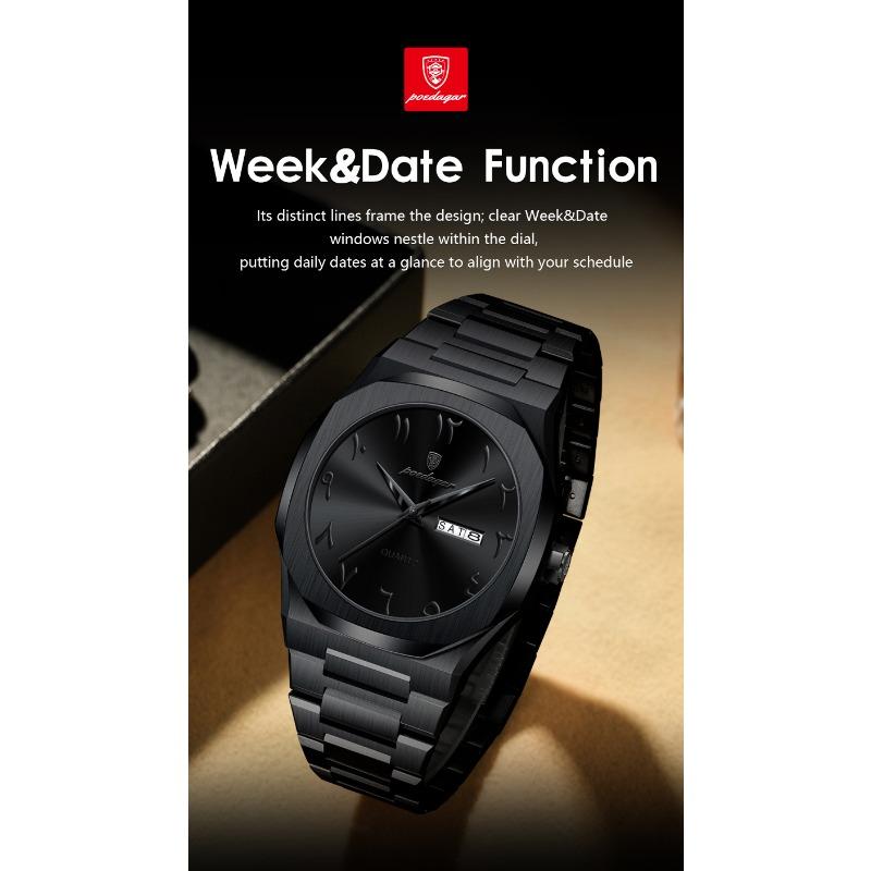 POEDAGAR Watch for Men Waterproof Luxury Week Calendar Wristwatch Quartz Stainless Steel Fashion Watches Male