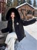Women's Winter Hooded Cotton-Padded Parka with Stand-Up Collar and Badge Design