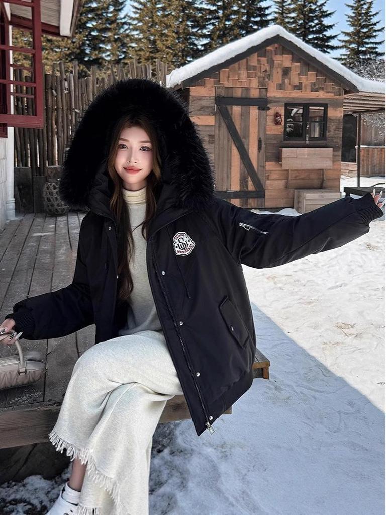 Women's Winter Hooded Cotton-Padded Parka with Stand-Up Collar and Badge Design
