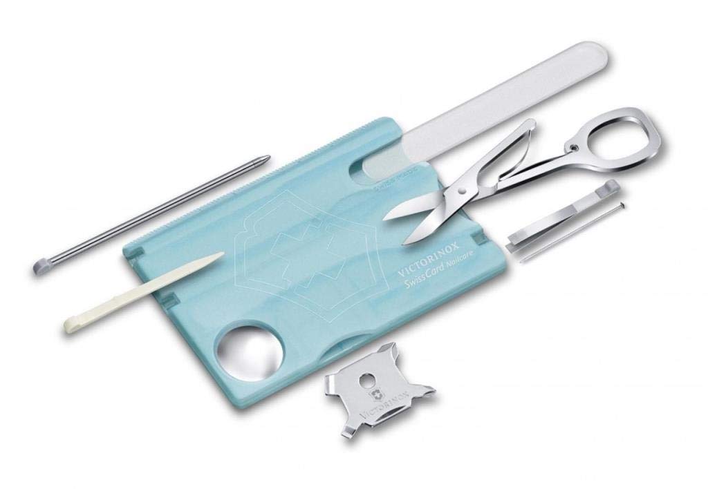 VICTORINOX Swiss Card Nail Care Ice Blue Transparent Glass Nail File with 13 Disaster Emergency Compact Scissors, Functions, Preparedness,